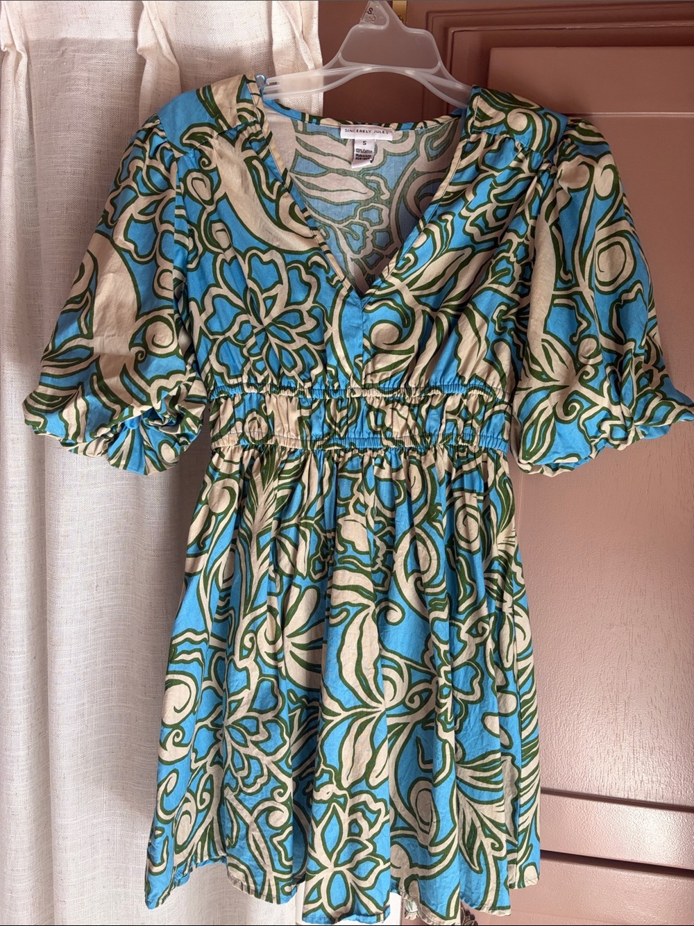 Sincerely Jules Blue, Cream & Green Abstract Print Cotton Top
